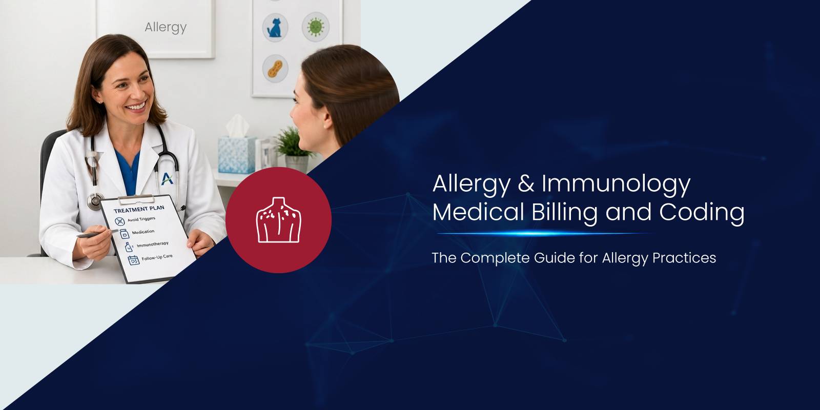 Allergy and immunology medical billing and coding guide showing CPT, ICD-10, and HCPCS codes within the ModuleMD EHR and RCM platform 
